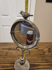 Specchio Vanity Tavolo Metallo Uccellino Sopra Piano con Patina Shabby Chic Country Francese