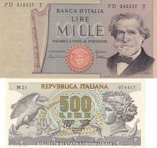 LOTTO 2 BANCONOTE LIRE REPUBBLICA  ITALIANA 1000 VERDI II TIPO L.500 ARETUSA FDS