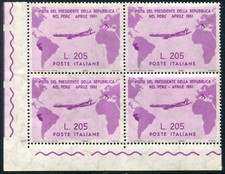 1961 Repubblica Gronchi Rosa 205 lire quartina angolo di foglio nuova spl cert.
