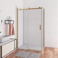 H.195cm Box Doccia Angolare Porta Scorrevole+Parete Fissa Vetro 8mm Cromo Dorato
