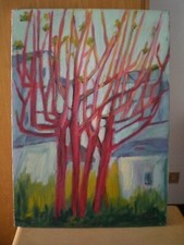 QUADRO OLIO SU TELA 50x70 (senza cornice) ALBERI ROSSI. QUADRO ANNI 70'