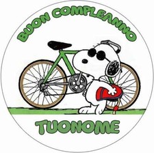Cialda SNOOPY BICICLETTA con NOME Decorazione Torta Ostia o Zucchero 