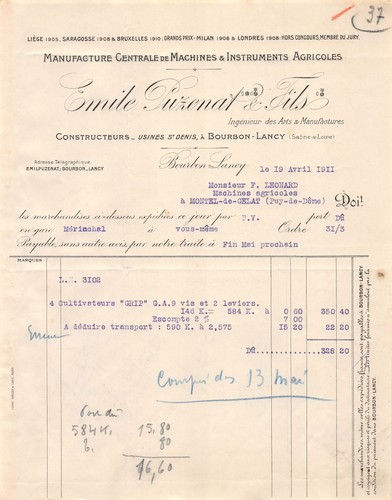 1911 facture emile puzenat - facture,