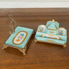 SET Calamaio portabiglietti porcellana bronzo dorato XIX secolo antiquariato