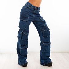 Jeans Donna Vita Alta Cargo Larghi Denim Casual Tasconi Ragazza TOOCOOL F80