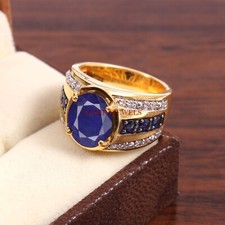 Anello Placcato Oro 18K Con Gemma Di Zaffiro Blu Riscaldata Per Uomo #355
