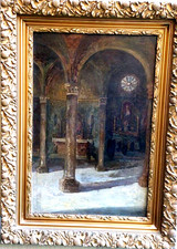 DIPINTO - scena d'interno 'CHIESA A TORINO)-TELESFORO FRANCHINO 1892-1964