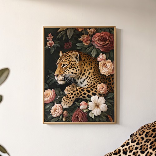 Leopardo sdraiato tra fiori - leopardo,