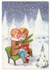 1969 neve montagna panchina bambini ramo abete cartolina Buon Anno vintage