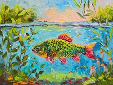 Pesce Carpa Dipinto Olio 20x15