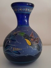 Vaso Vetro Blu Cobalto Vintage Dipinto A Mano Con Tucani