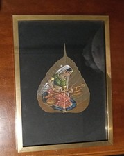 VINTAGE DIPINTO A MANO SU FOGLIA DI PIPAL cm 21X28 ARTE INDIANA CORNICE E VETRO