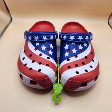 Scarpe zoccoli Crocs Classic bandiera americana taglia uomo 10 donna 12 stelle righe USA