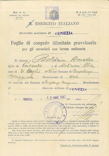 Venezia 1947 foglio congedo - 1947.,