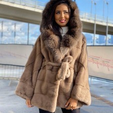 Poncho cappotto donna vera pelliccia di visone fodera pelliccia di volpe cappuccio mantello giacche oversize nuovo