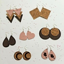 Orecchini pendenti realizzati a mano pelle geometrici sughero oro marrone