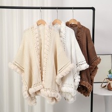 Cappotto donna maglia uncinetto scialle pelliccia sintetica coniglio orlo mantello invernale caldo elegante