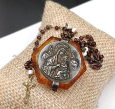 ROSARIO ANTICO RELIQUIA  SCATOLETTA DI VETRO AMBRATO  - STELLA A 6 PUNTE