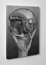 Quadro Vernice Pennellate Escher Mano con Sfera Riflettente Stampa su Tela