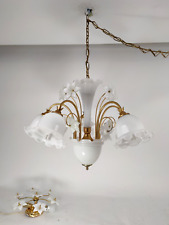 Parure lampadario 5 luci Campane Fiori vetro Murano bianco+applique Vintage-66R