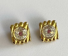 Orecchini Vintage Chanel Clip On Rettangolari Placcati Oro Cristalli Trasparenti