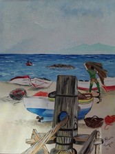 Paesaggio mare dipinto a olio su tela con pescatori e argano naif