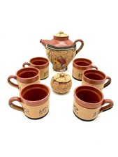 Set da tè vintage in terracotta e sughero con teiera zuccheriera e 6 tazze