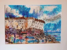 Quadro originale tecnica mista. Porto astratto. Montato. 20 x 16 pollici