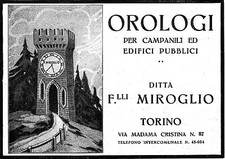 PUBBLICITA' 1927 MIROGLIO OROLOGIO DA TORRE E CAMPANILE  TORINO EDIFICI PUBBLICI