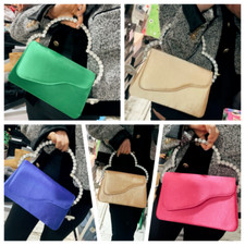 Borsa a mano in tessuto seta con maniglia rigido applicato strass colori scelta