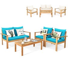 Divano conversazione chat legno acacia esterno 4 pezzi 2 set copricuscino turchese