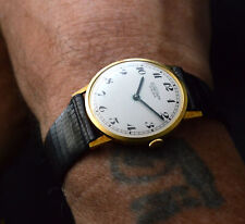 FISCHER EXTRA MEN'S VERY FLAT VINTAGE 18K SOLID GOLD DRESS WATCH 32 X 36MM