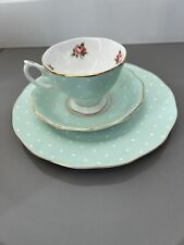 1 Royal Albert England Polka Rose Mint Green Teacup Saucer Set + Dessert Plate