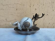 ANTICO XIX secolo CALAMAIO INKWELL A CHIOCCIOLA IN PORCELLANA SPESSA E METALLO