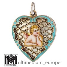 Angelo Raffaello Art Nouveau argento placcato oro specchio ciondolo smalto