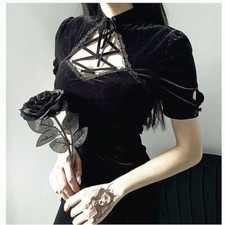 Abito Lolita Gothic Punk Donna Harajuku Velluto Cheongsam Pizzo Nero Bodycon