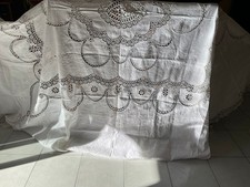 Copriletto matrimoniale vintage puro Lino con ricamo pizzo chiacchierino bianco