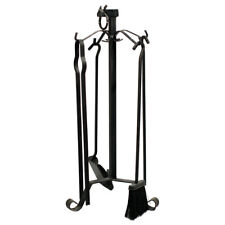 Trespolo in ferro battuto con quattro attrezzi per caminetto a legna