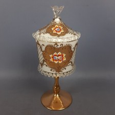 Vaso Vetro Murano Centrotavola Con Coperchio Oro Zecchino A Fiori Vintage 1950
