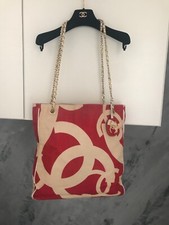 CHANEL BORSA IN CANVAS BIANCO E ROSSO CATENE DORATE