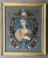 “Dama Ricamata A Mezzo Punto Con Fiori E Perline” Montata Su Cornice Dorata