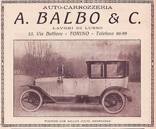 PUBBLICITA' 1919 AUTO CARROZZERIA A. BALBO TORINO FIAT TORPEDO CON BALLON COUPE'
