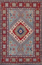 Tappeto orientale super kazako blu chiaro 3x5 lana annodato a mano geometrico foyer tappeto