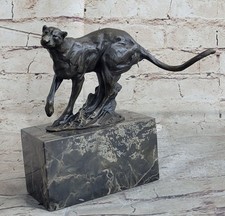 Artista Firmato Bronzo Scultura Leopardo Tornitura Punto Cougar By Miguel Lopez