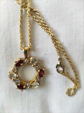 Collana girocollo dorata pendente cristalli e granato vintage usata necklace