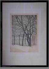 paesaggio invernale con albero e paesello innevati litografia firma Carlo Monti