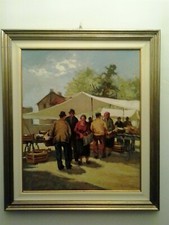 Leo Remigante. Saluzzo (CN) 1931/1999. Dipinto ad olio 1975. "Angolo di mercato"