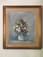 Dipinto Natura Morta Vaso con Fiori Olio su Tela, Cornice Dorata Classica