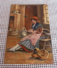 Quadro Olio siglato MG MC 1894 Interno con donna conta soldi 21x32 cm Ottocento