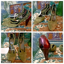 SCARPE DONNA CAMOSCIO VERDE MARY JANES UNICHE VINTAGE DESIGNER USATE SU PELLICOLA OTTIME CONDIZIONI